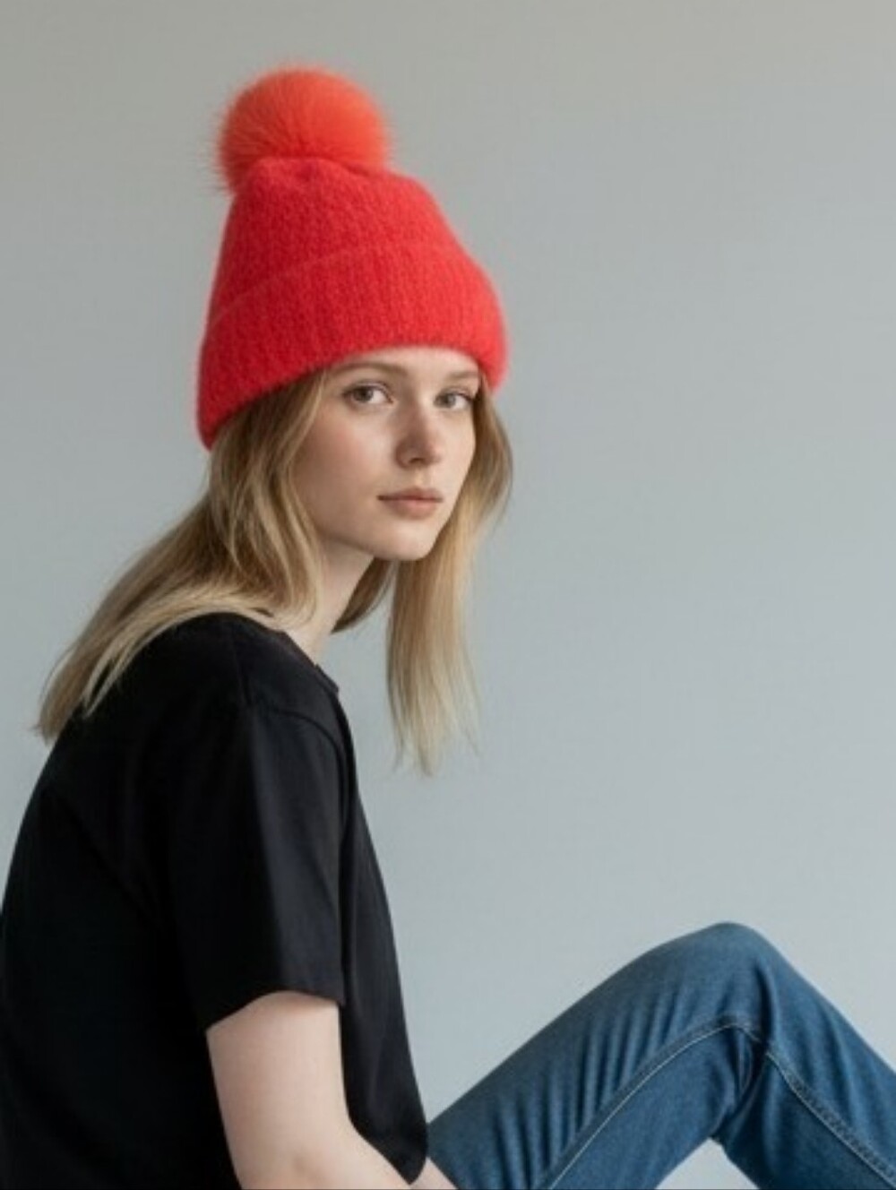 Faux Fur Fuzzy Pom Pom Beanie in Coral Red